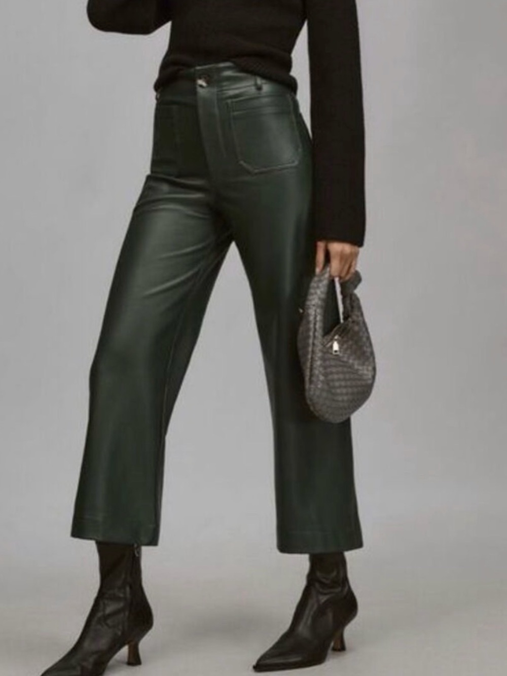 Anthropologie The Colette Cropped Wide Leg Faux Leather Pants NWT Green Maeve 31
